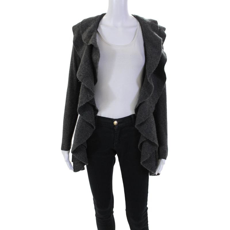 Malika Womens Ruffled Open Front Cashmere Knit Cardigan Sweater Gray Size Xs